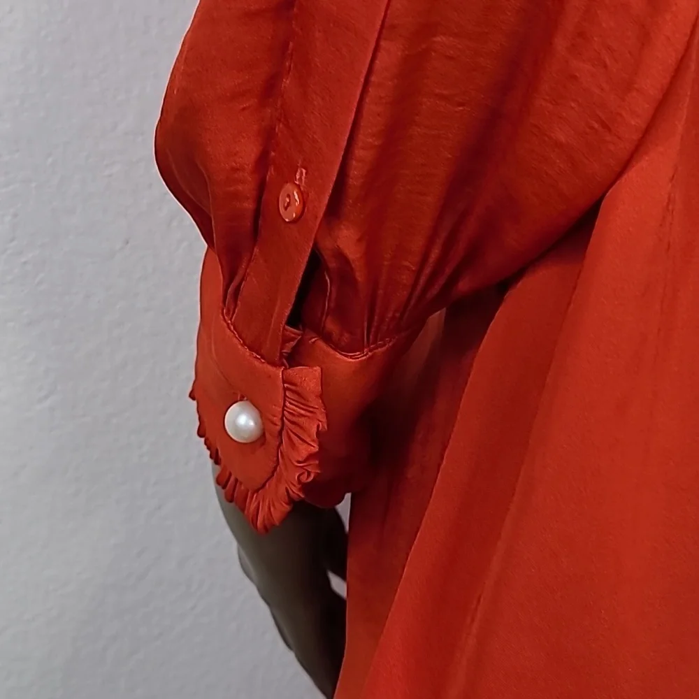 Zara Blouse Size Large Red Mock Neck Ruffle Detail Festive Holiday Party EUC - Picture 9 of 11